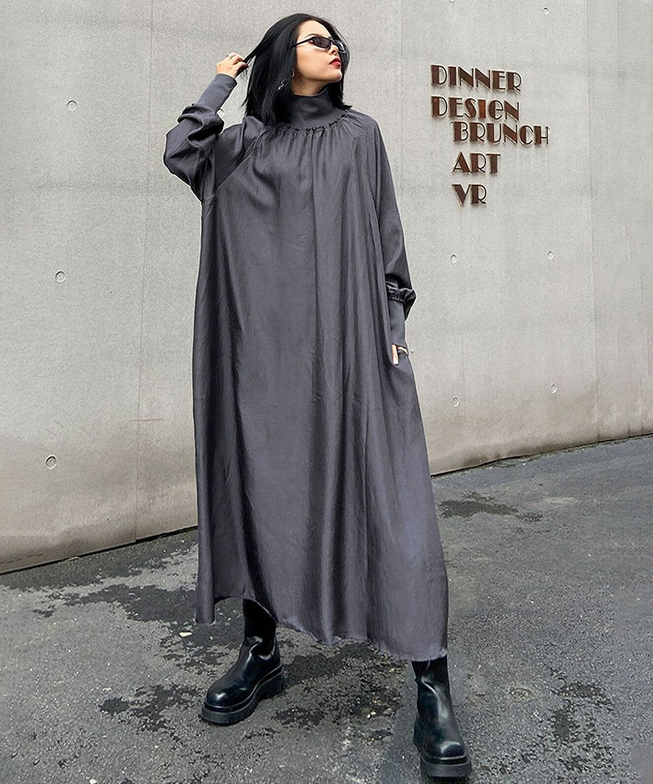 Glossy Gathered High Neck Dress