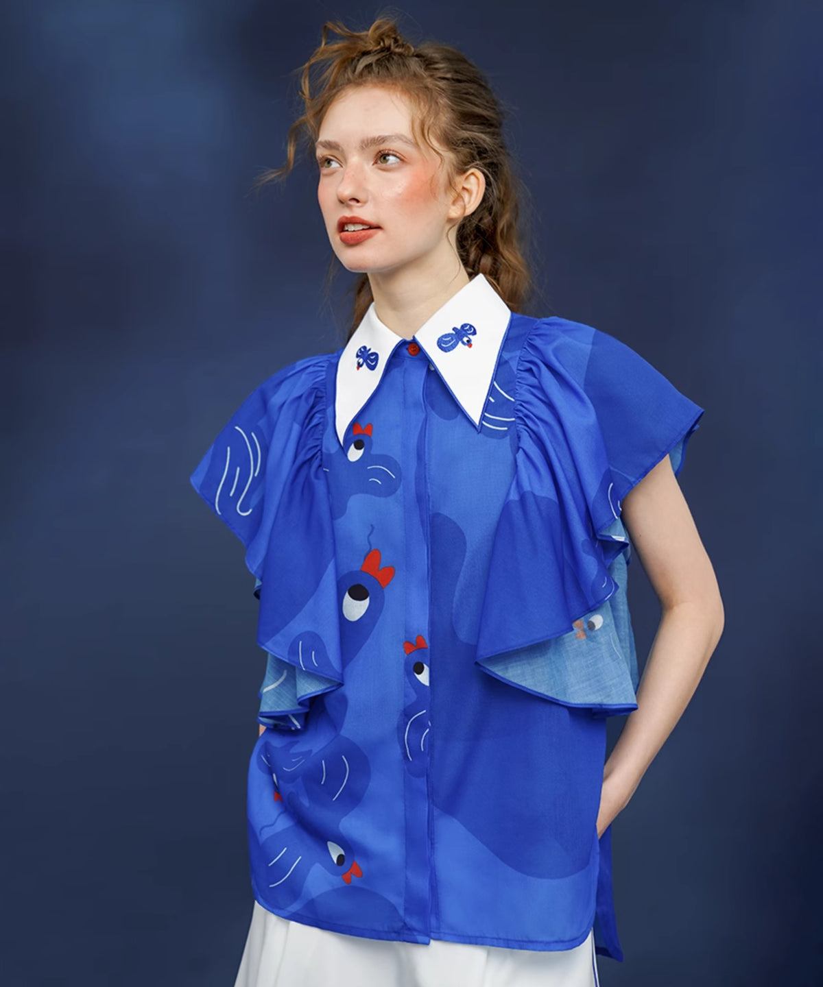 Blue Bird Ruffle Sleeve Blouse