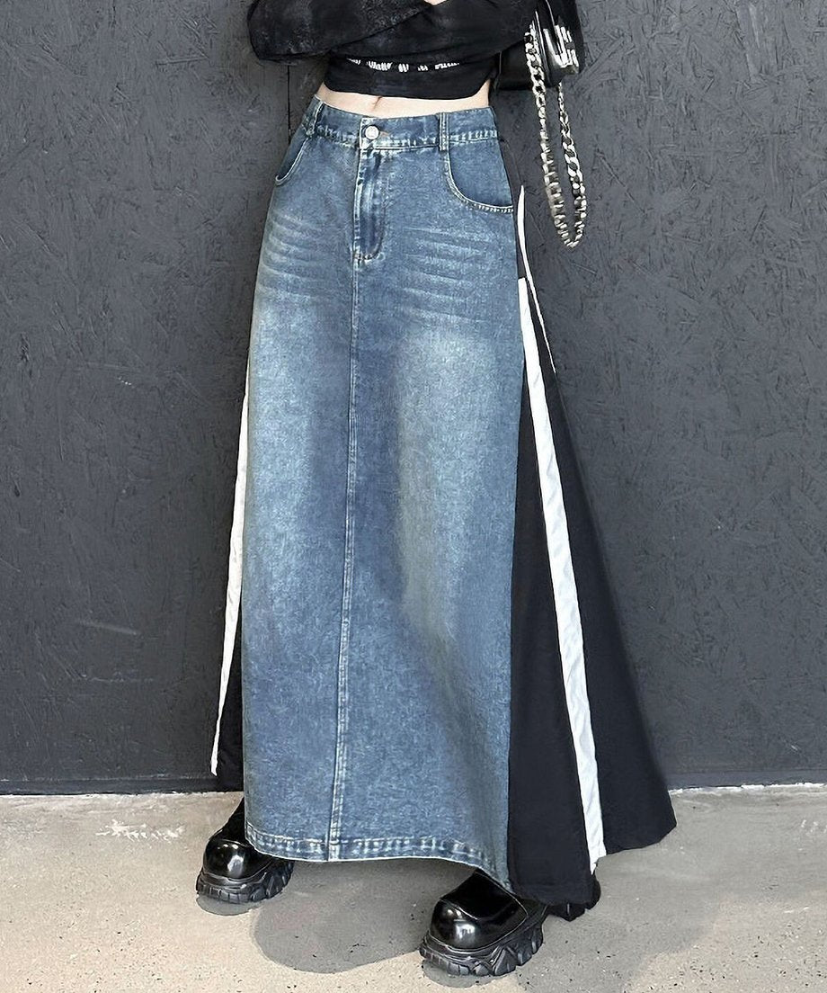 Hybrid Denim Flare Maxi Skirt