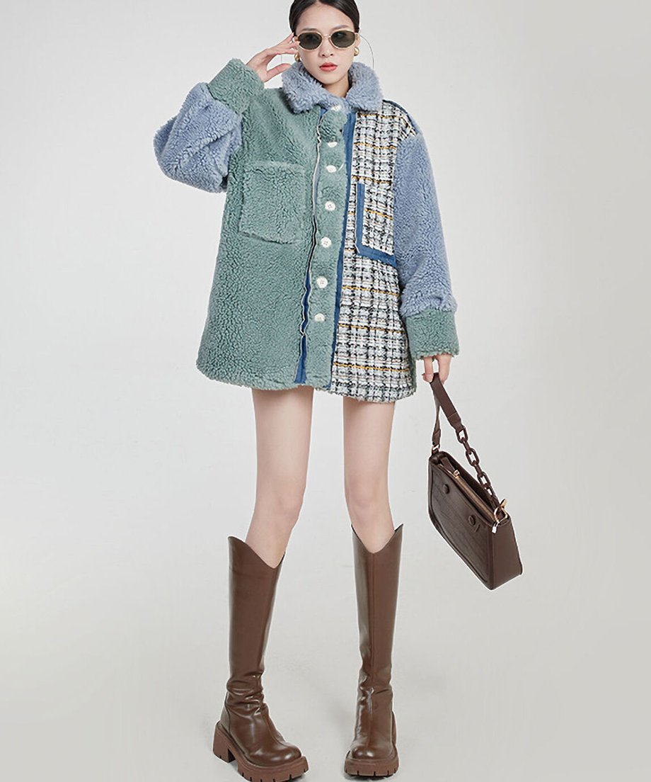 Mixed Texture Color Block Boa Coat