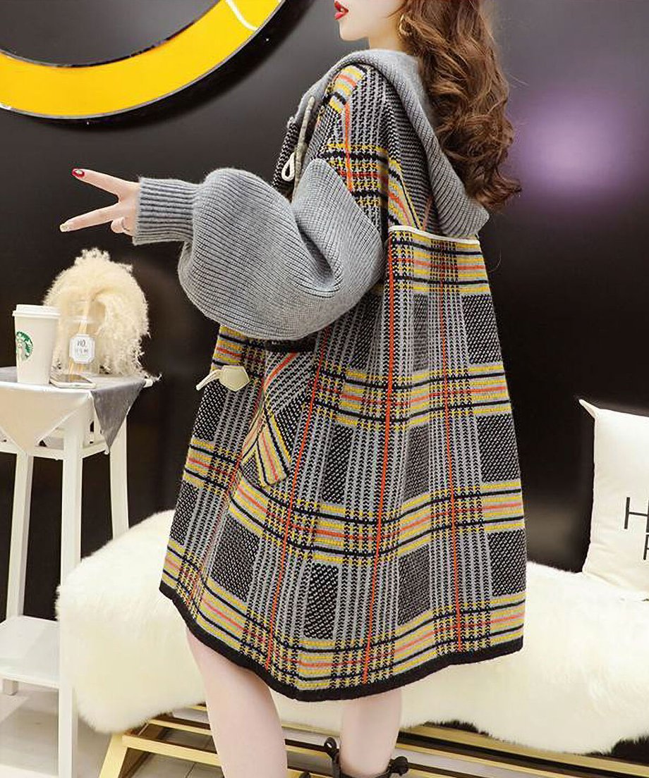 Plaid Patchwork Knit Hooded Jacket