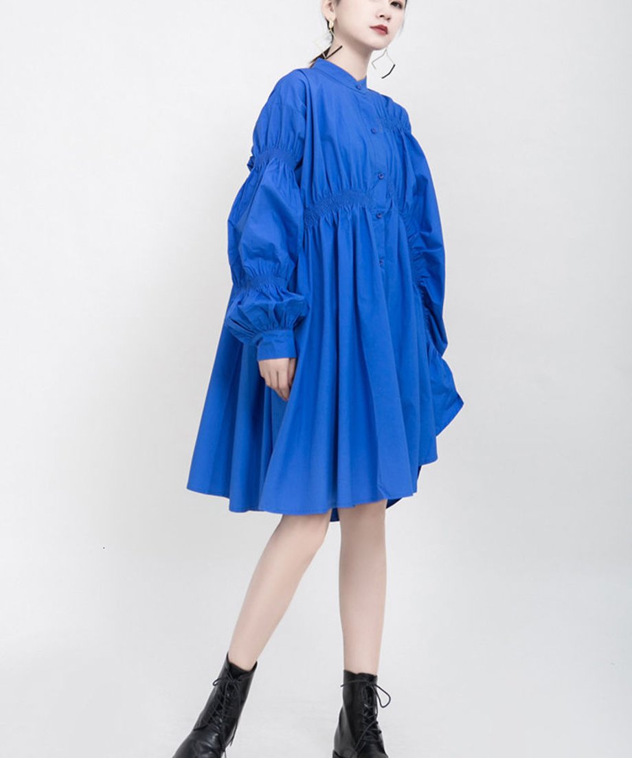 blue asymmetric pleated dress