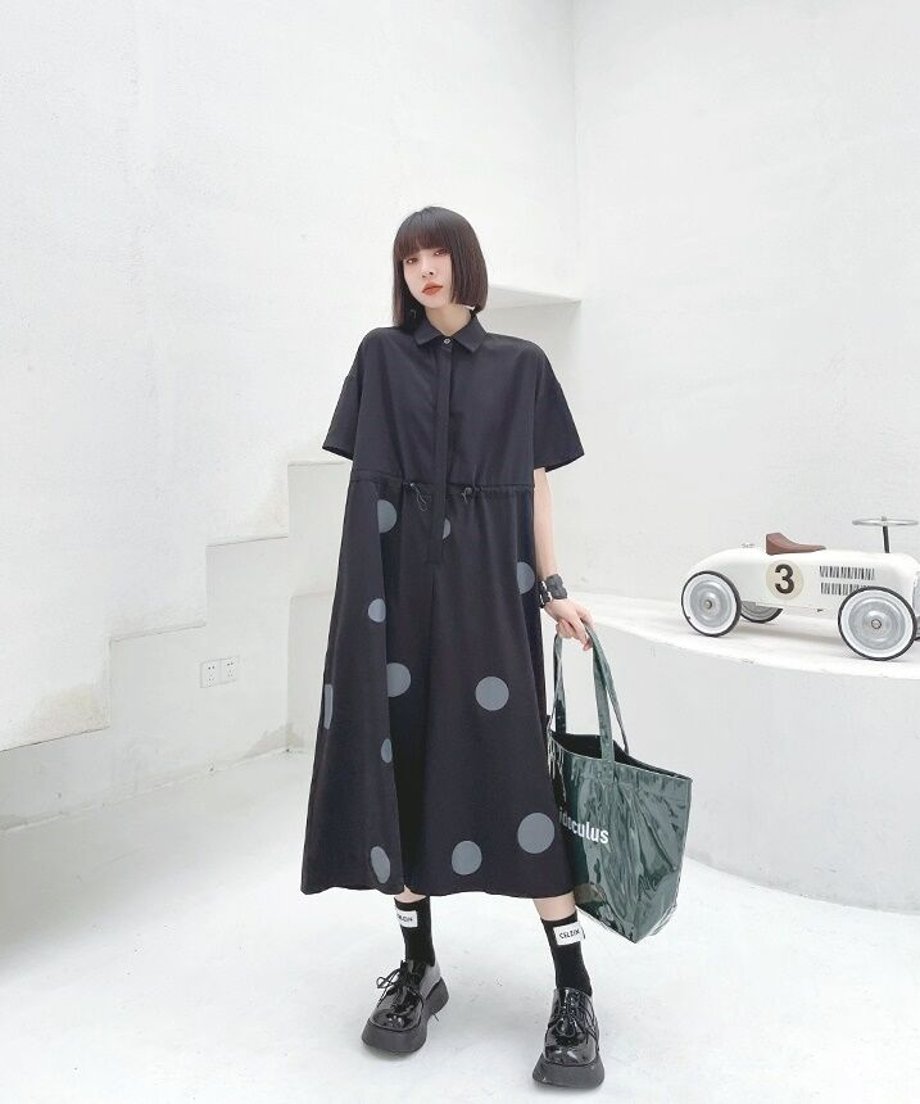 Polka Dot Drawstring Shirt Jumpsuit