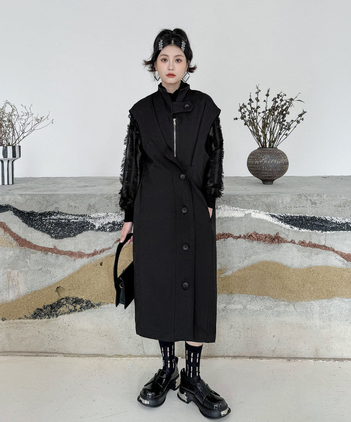 Stand Collar Zip Long Vest