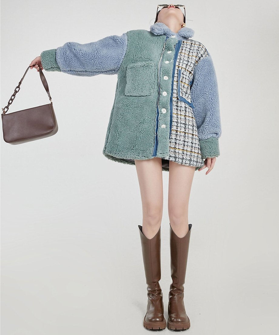 Mixed Texture Color Block Boa Coat