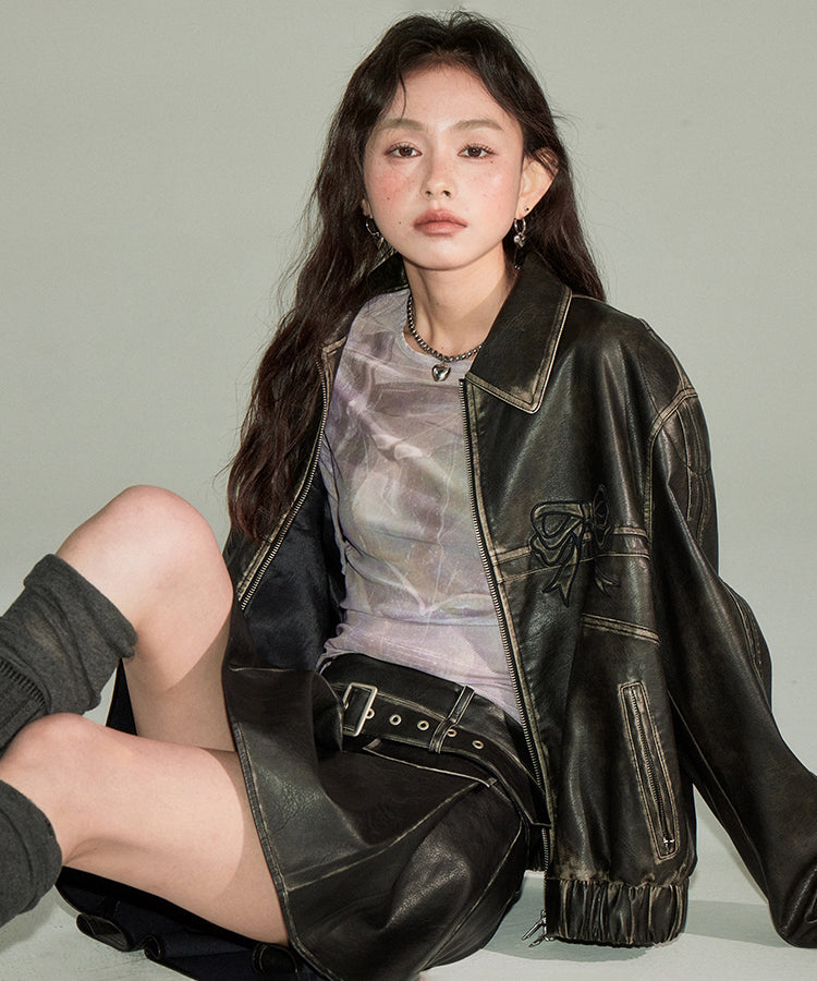 Ribbon Patchwork Faux Leather Jacket