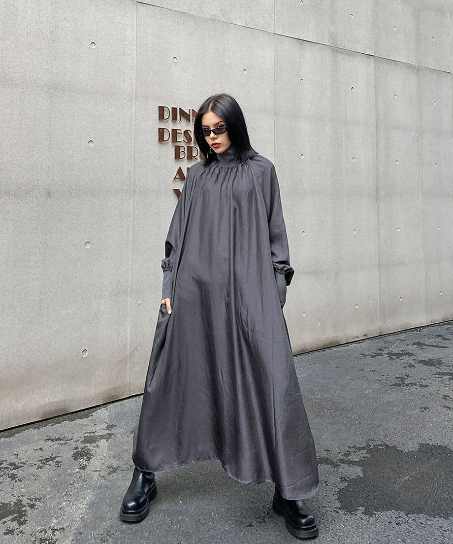 Glossy Gathered High Neck Dress