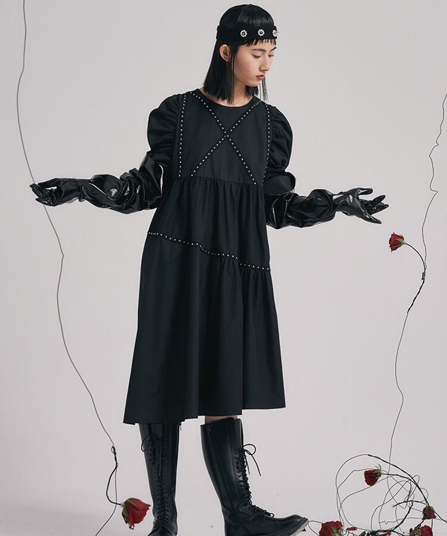 Studded Puff Sleeve Flare Dress