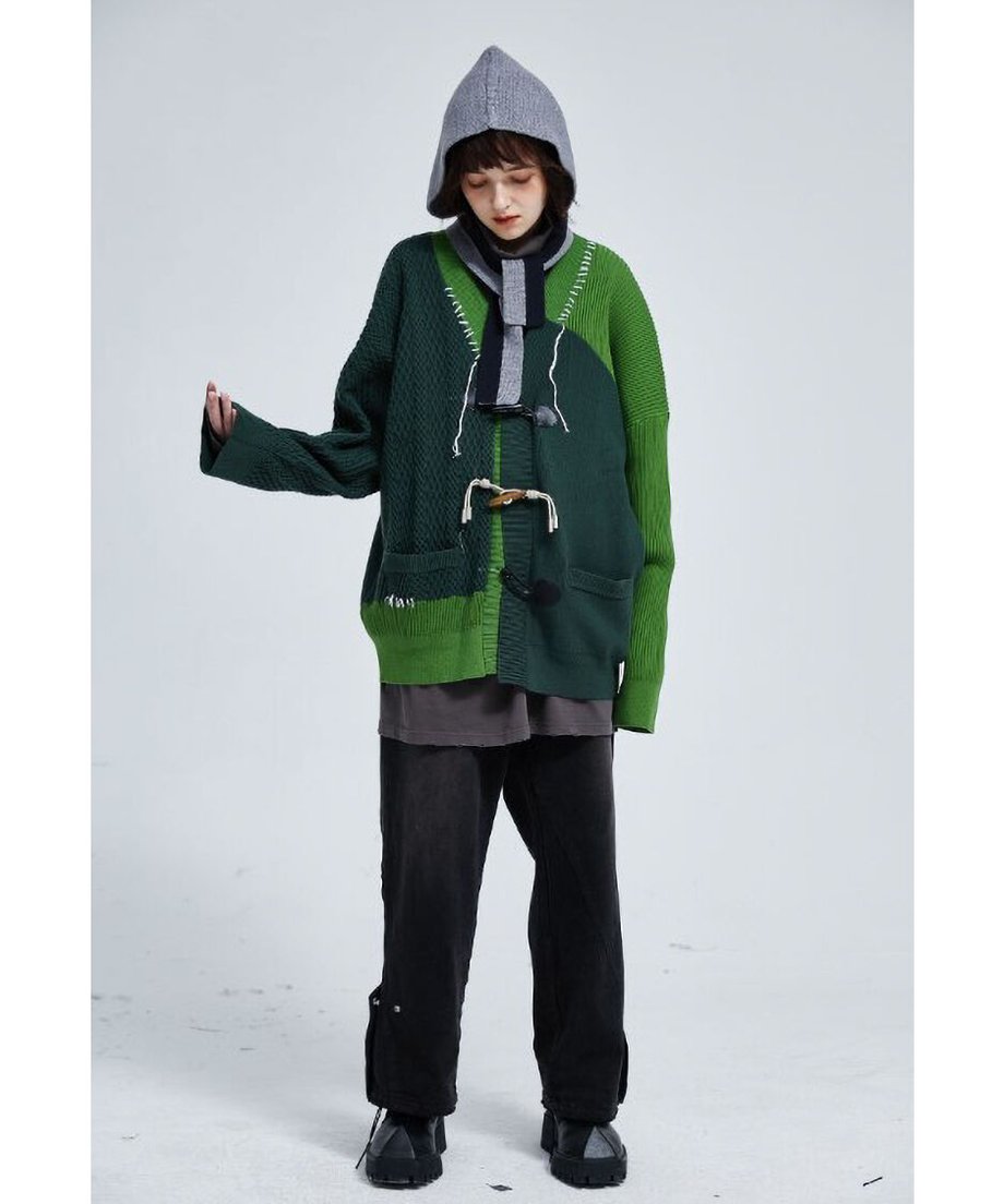 Two-Tone Patchwork Knit Cardigan