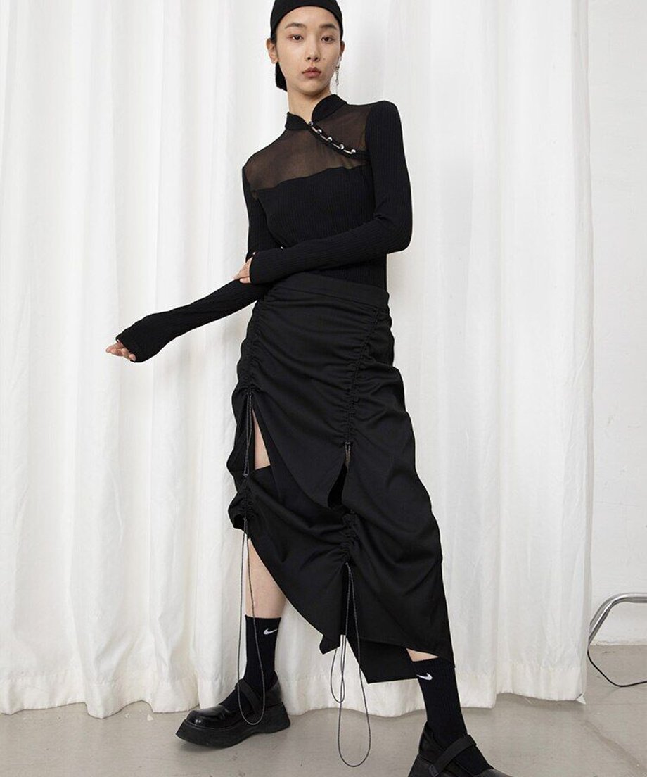 Drawstring Ruched Slit Skirt