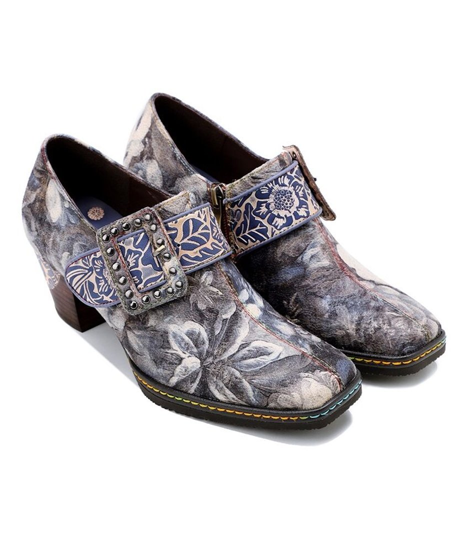 Vintage Floral Buckle Artistic Heel Shoes