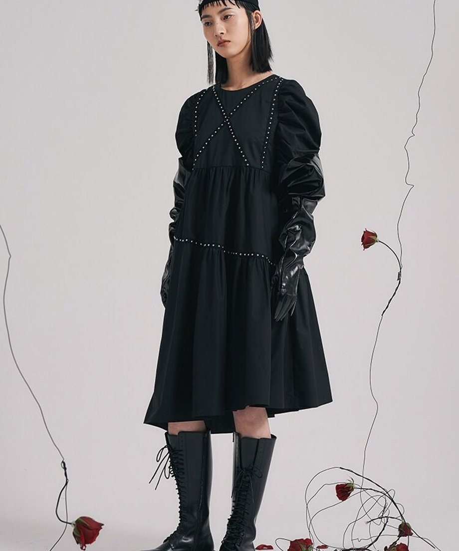 Studded Puff Sleeve Flare Dress
