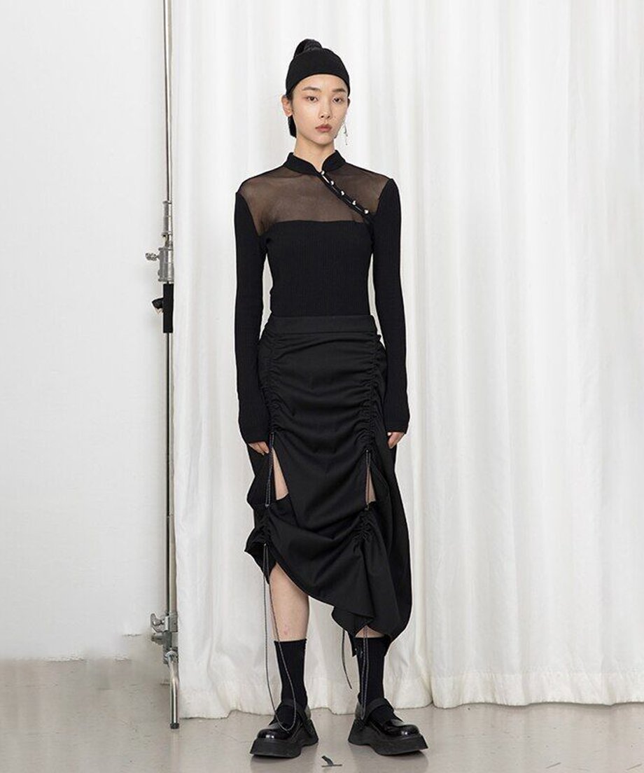 Drawstring Ruched Slit Skirt