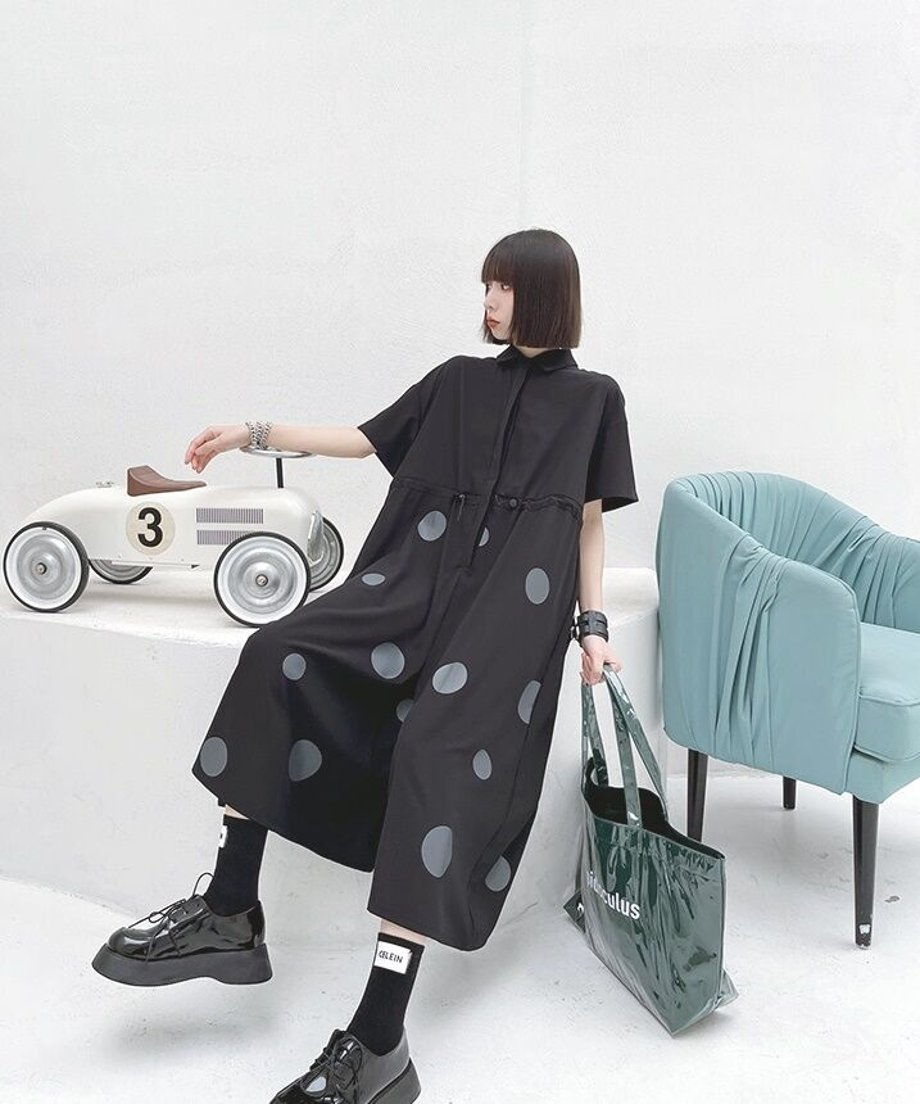 Polka Dot Drawstring Shirt Jumpsuit