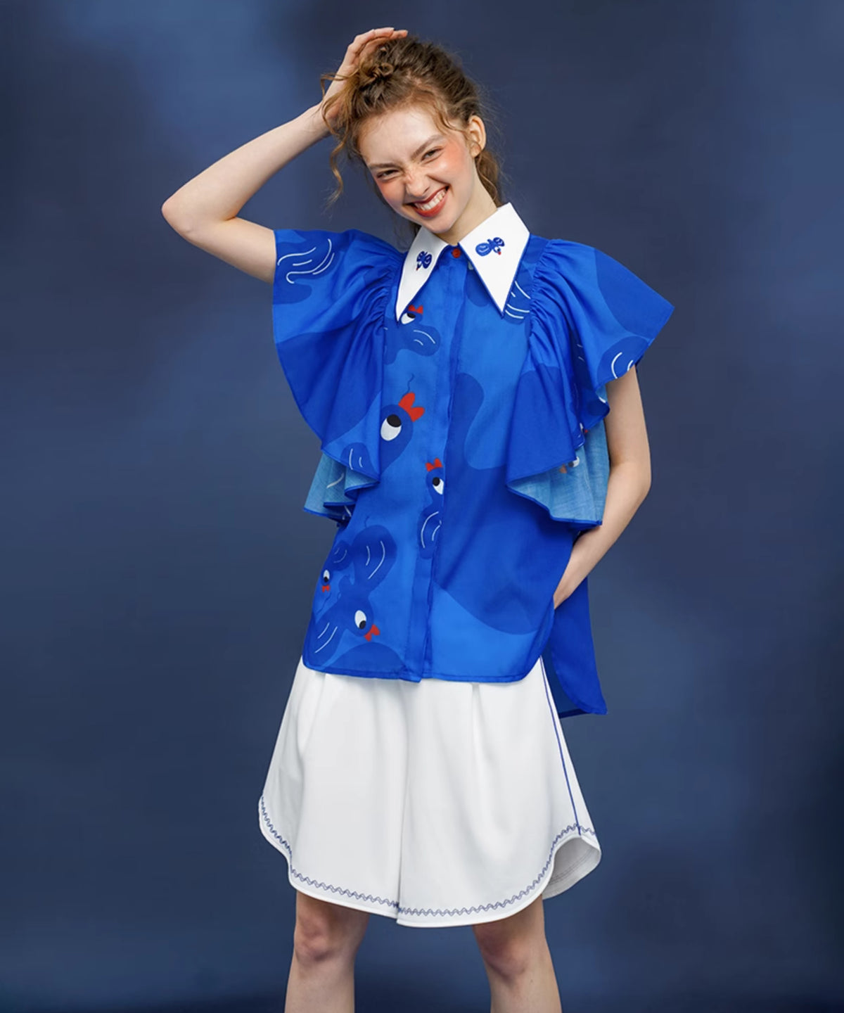 Blue Bird Ruffle Sleeve Blouse