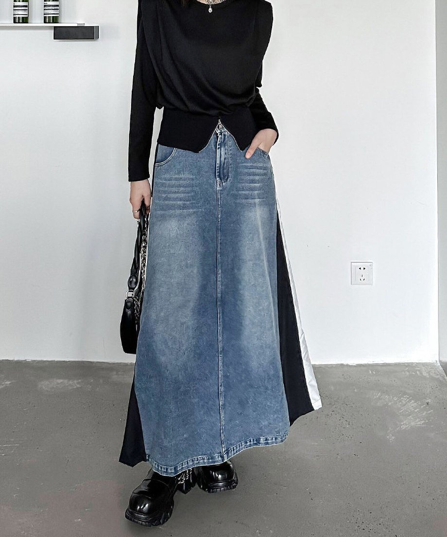 Hybrid Denim Flare Maxi Skirt