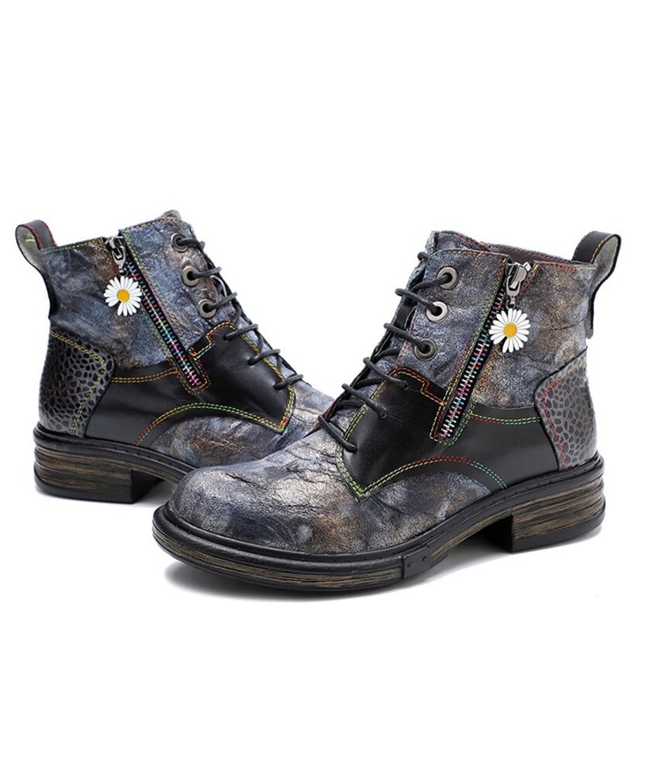 Vintage Patchwork Daisy Combat Boots