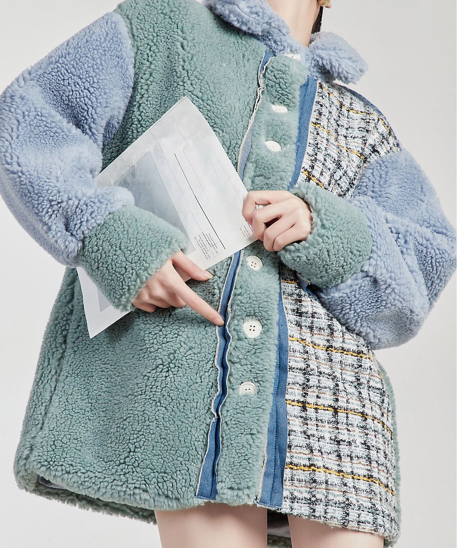 Mixed Texture Color Block Boa Coat