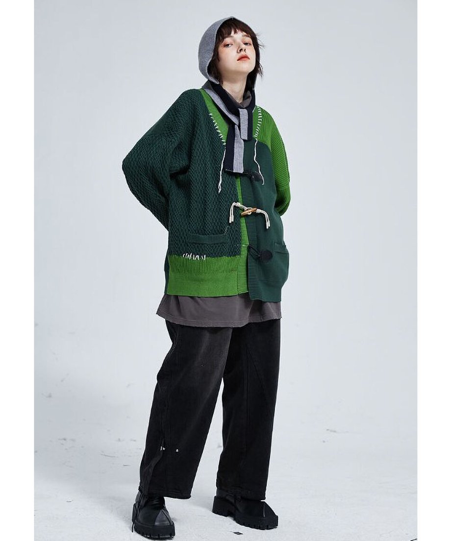 Two-Tone Patchwork Knit Cardigan