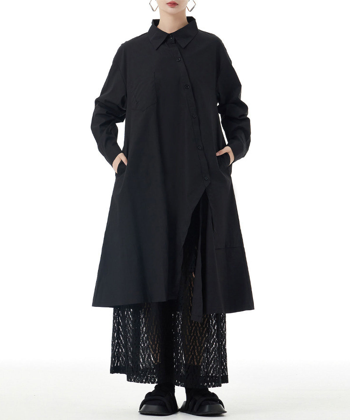 Diagonal Button Long Blouse