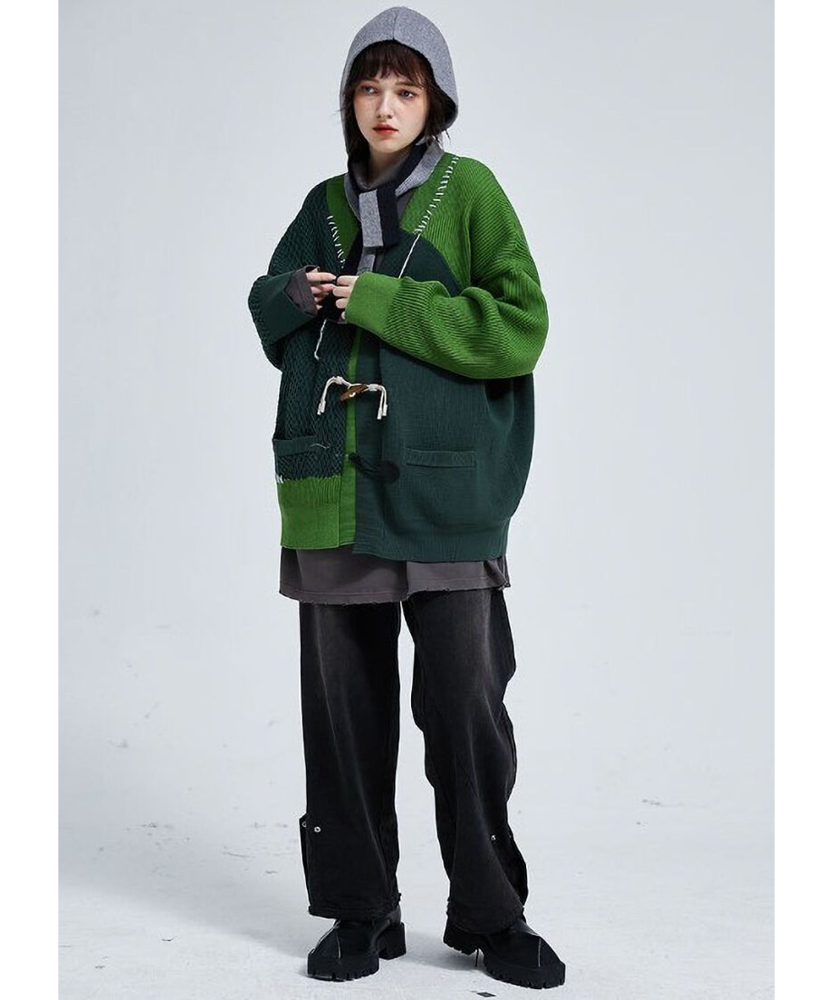 Two-Tone Patchwork Knit Cardigan
