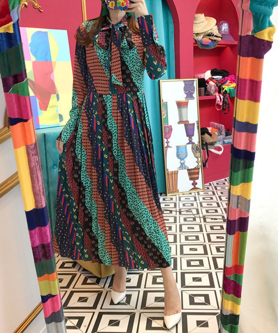 Retro Print Bowtie Dress