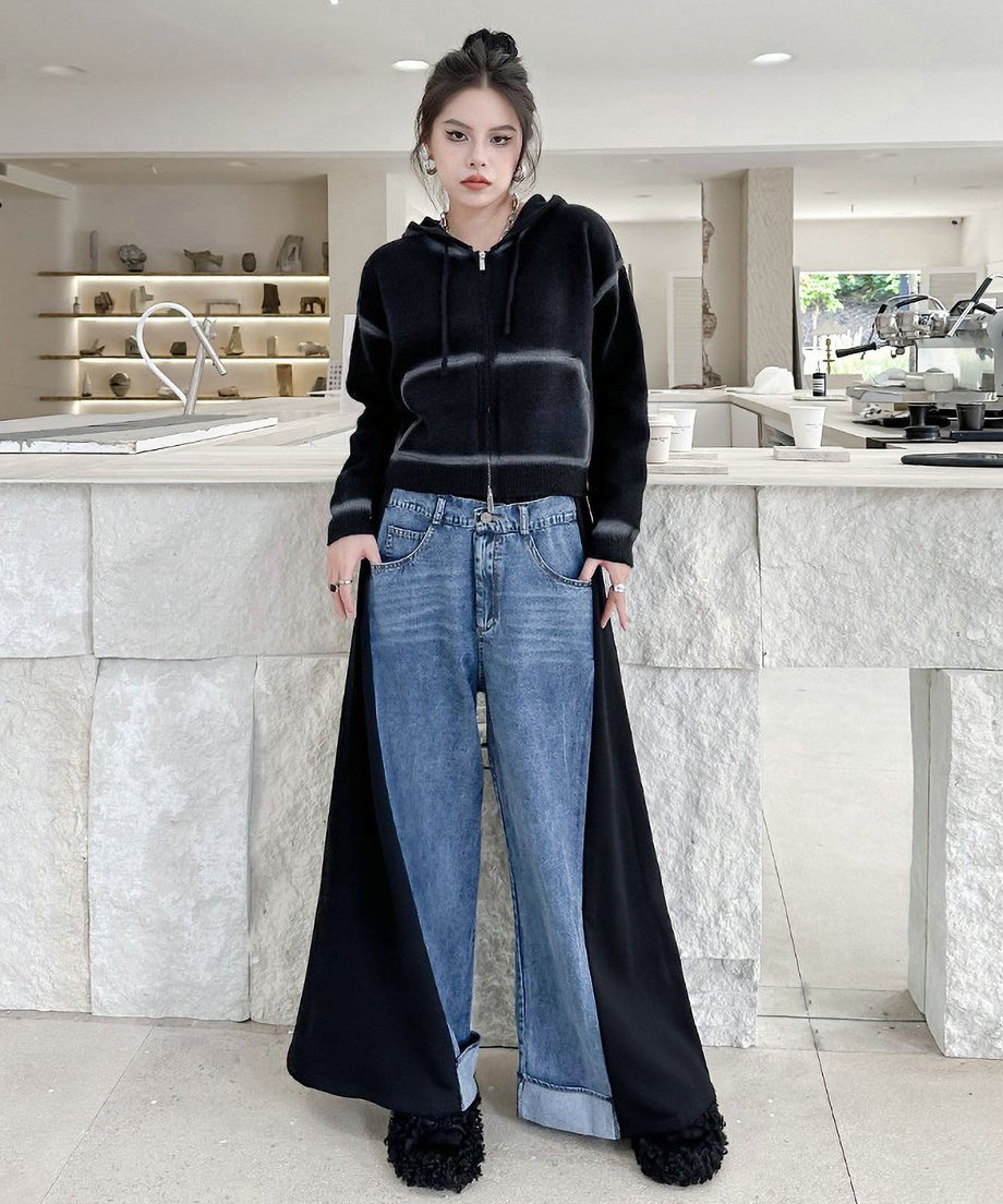 Layered Wide Panel Denim Pants