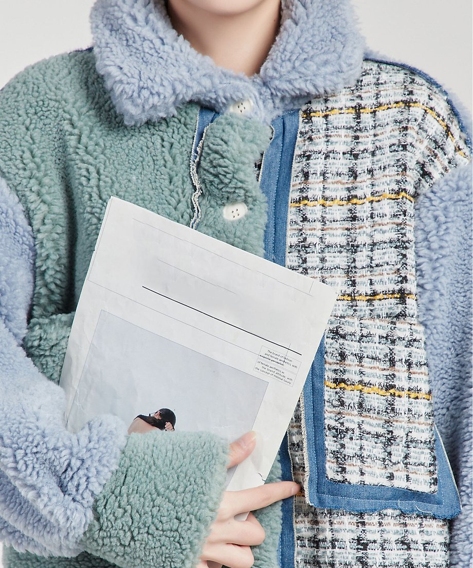Mixed Texture Color Block Boa Coat