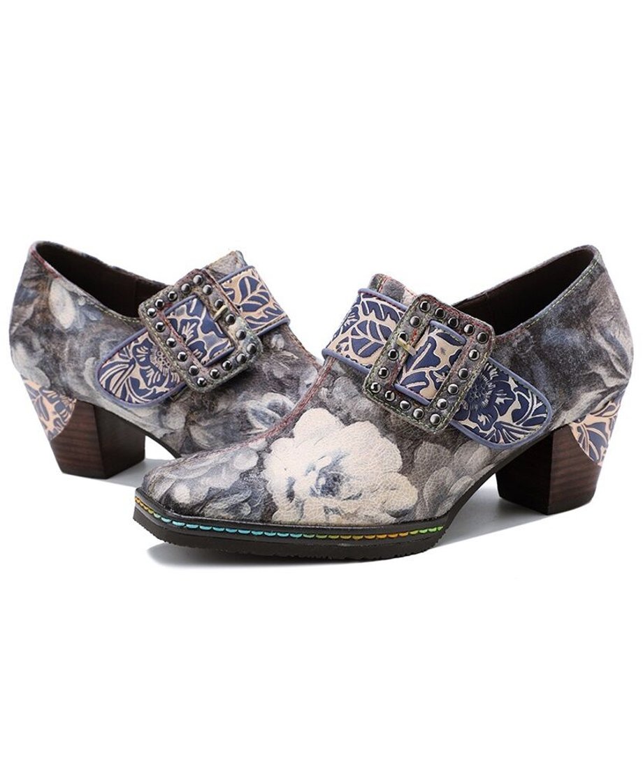 Vintage Floral Buckle Artistic Heel Shoes