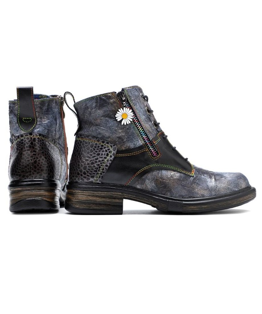 Vintage Patchwork Daisy Combat Boots