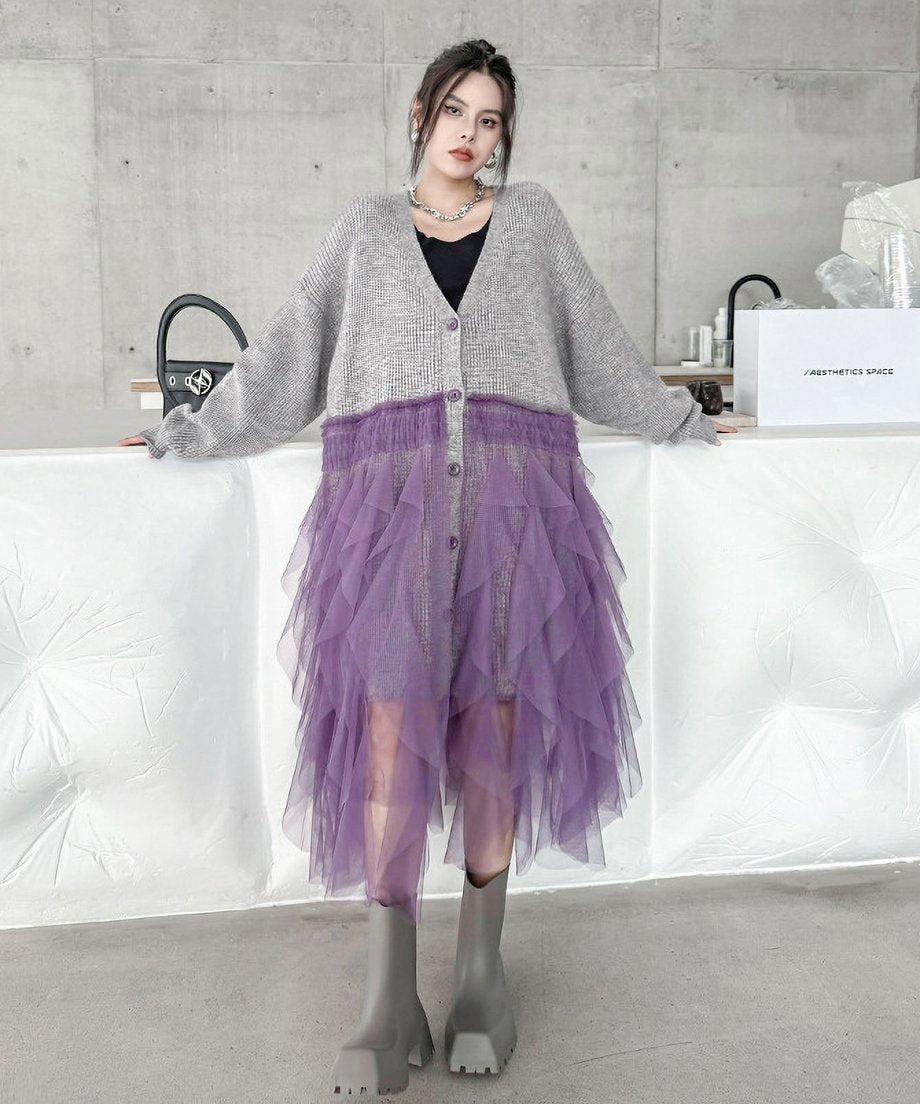 Ruffle Tulle Long Cardigan