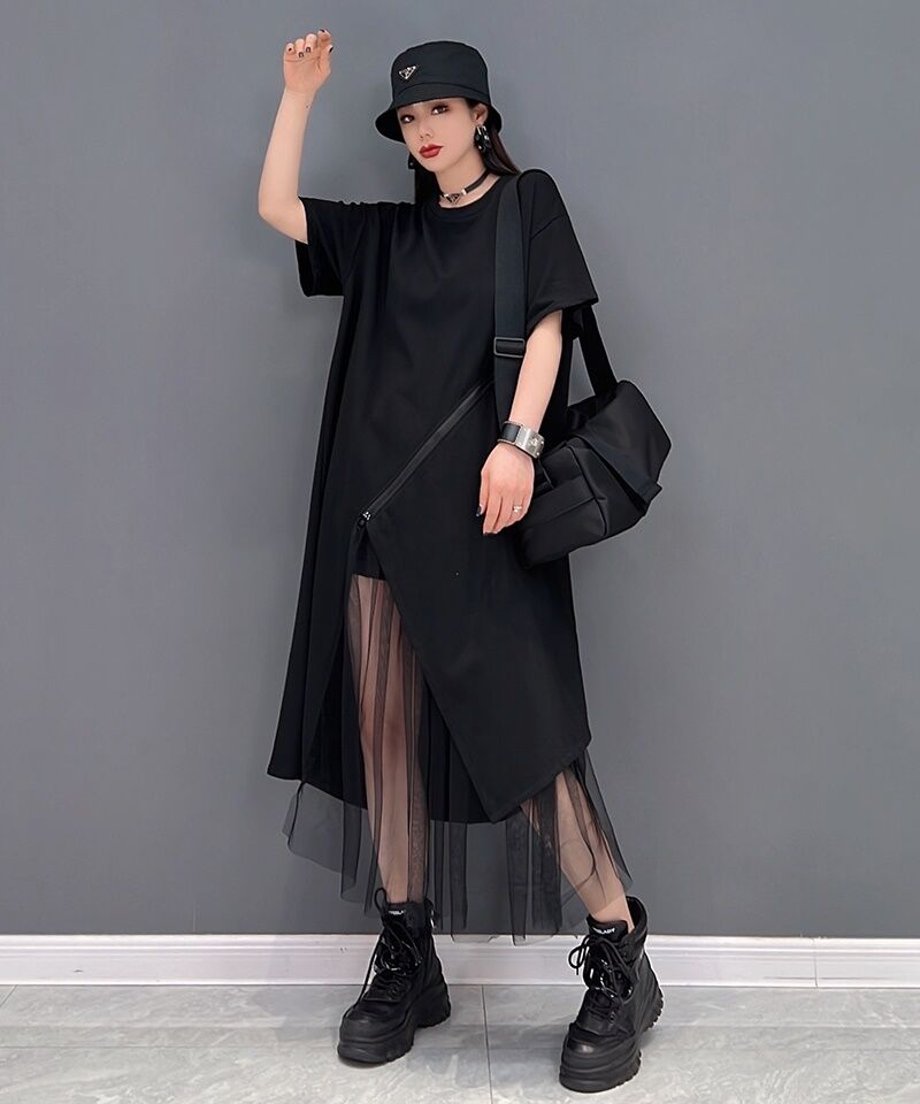 Asymmetric Mesh Layered Dress