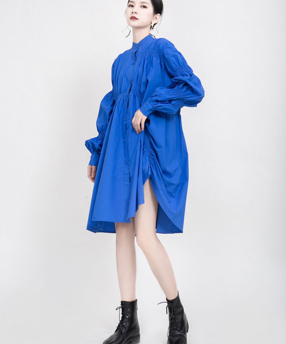 blue asymmetric pleated dress