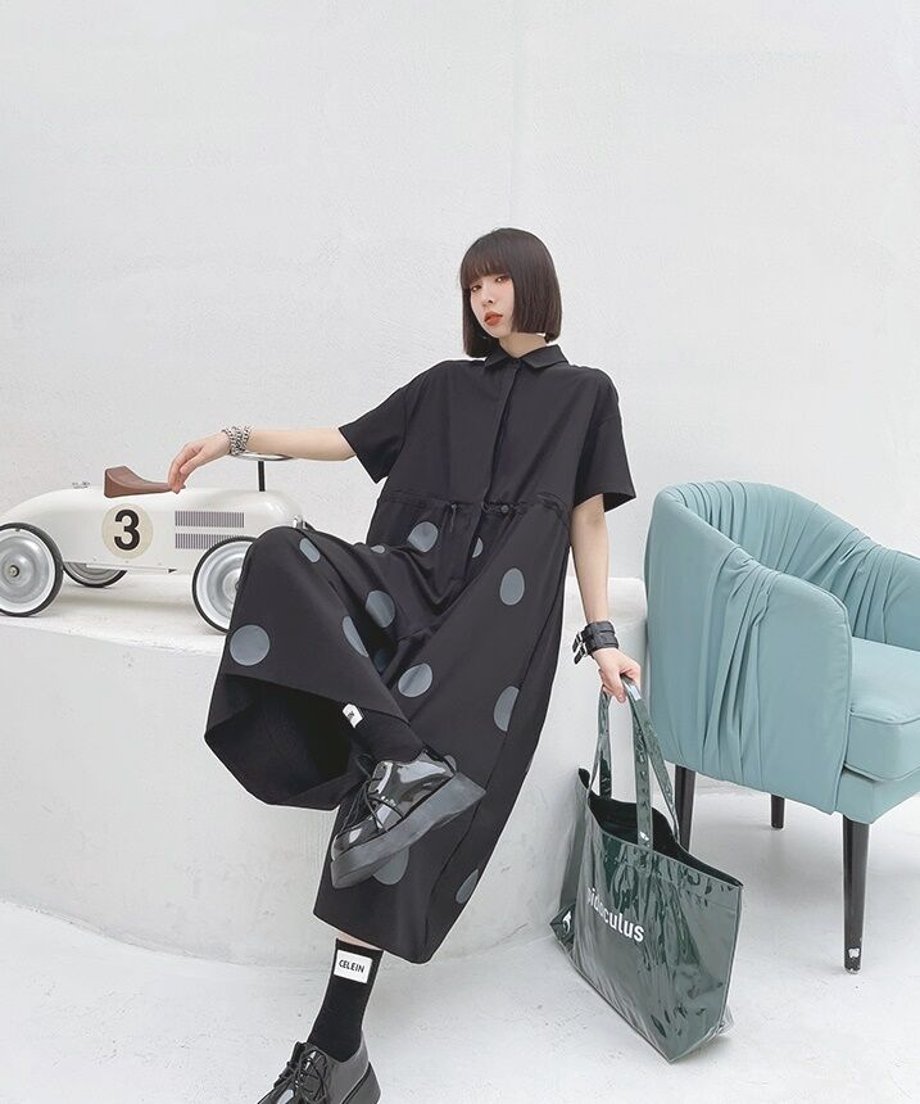 Polka Dot Drawstring Shirt Jumpsuit