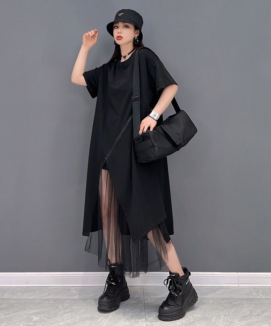 Asymmetric Mesh Layered Dress