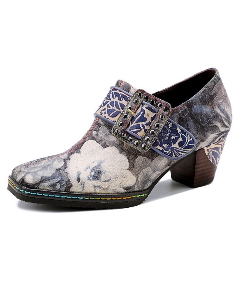 Vintage Floral Buckle Artistic Heel Shoes