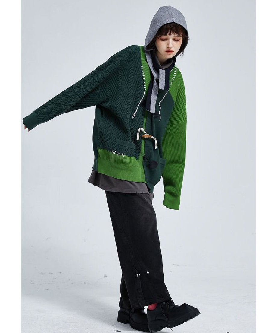 Two-Tone Patchwork Knit Cardigan