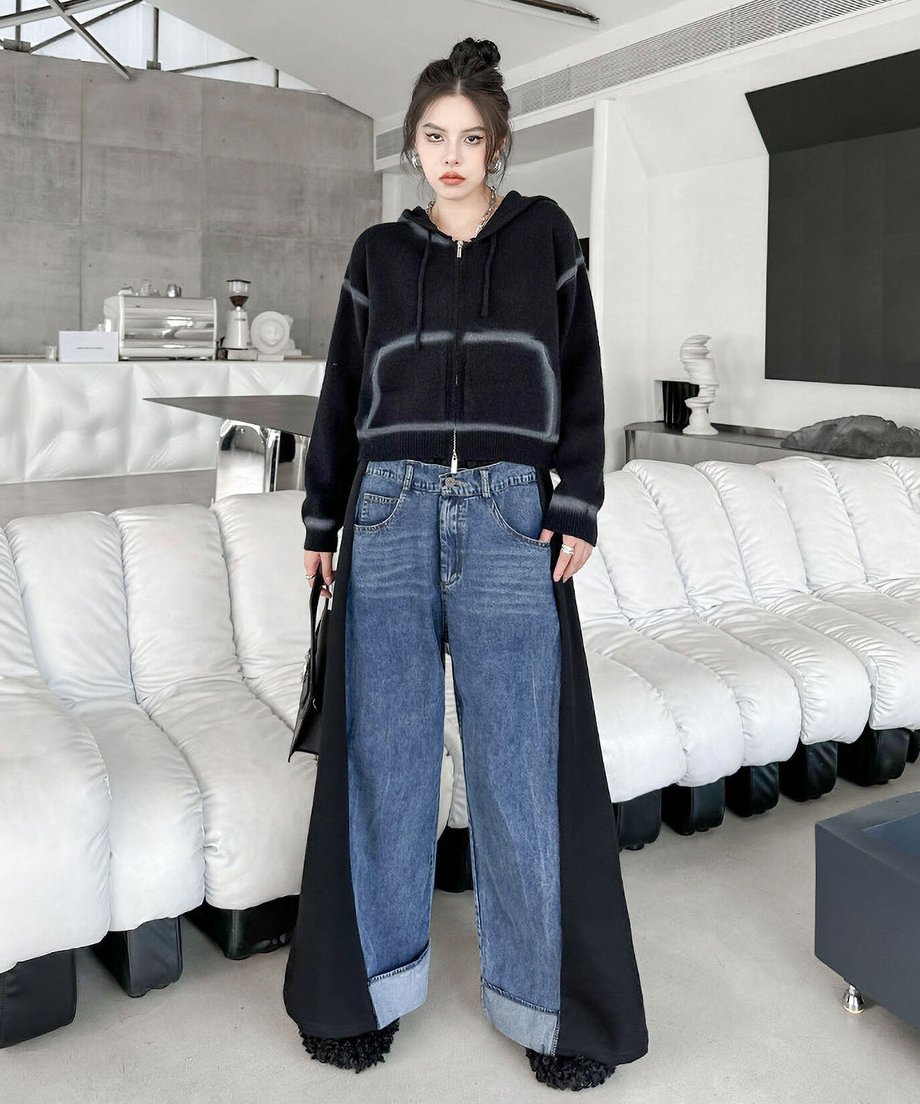 Layered Wide Panel Denim Pants