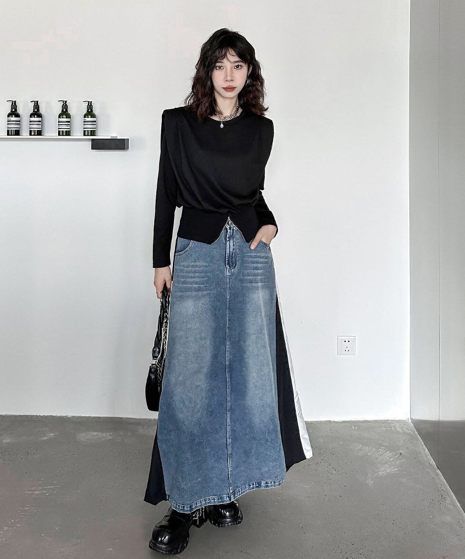Hybrid Denim Flare Maxi Skirt