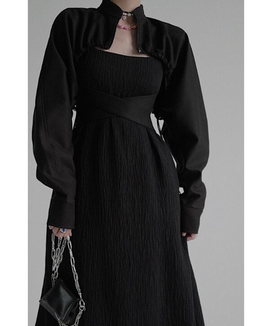 Crinkled Square Neck Long Dress