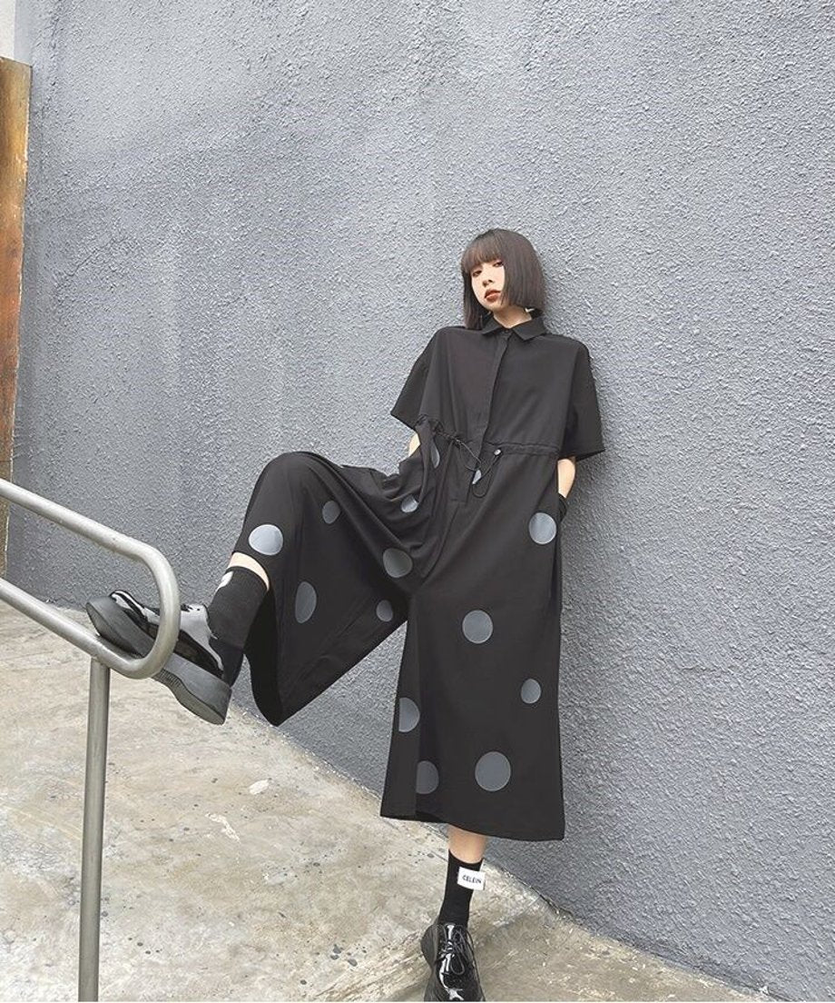 Polka Dot Drawstring Shirt Jumpsuit