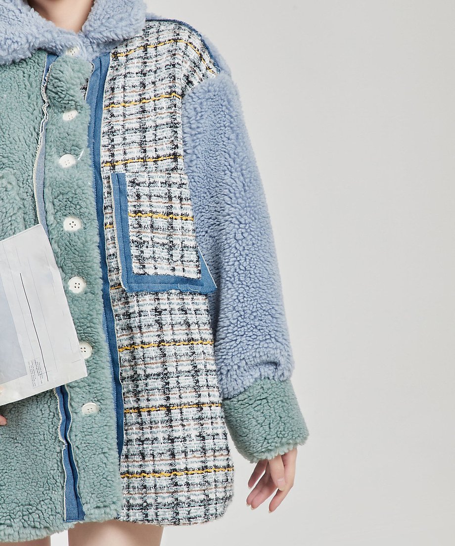 Mixed Texture Color Block Boa Coat