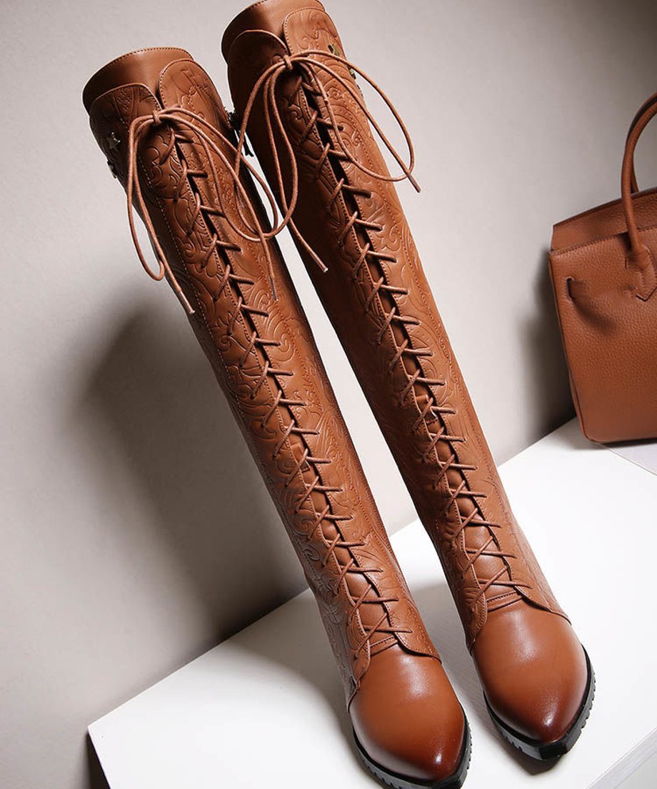 Embossed Lace-Up Tall Boots