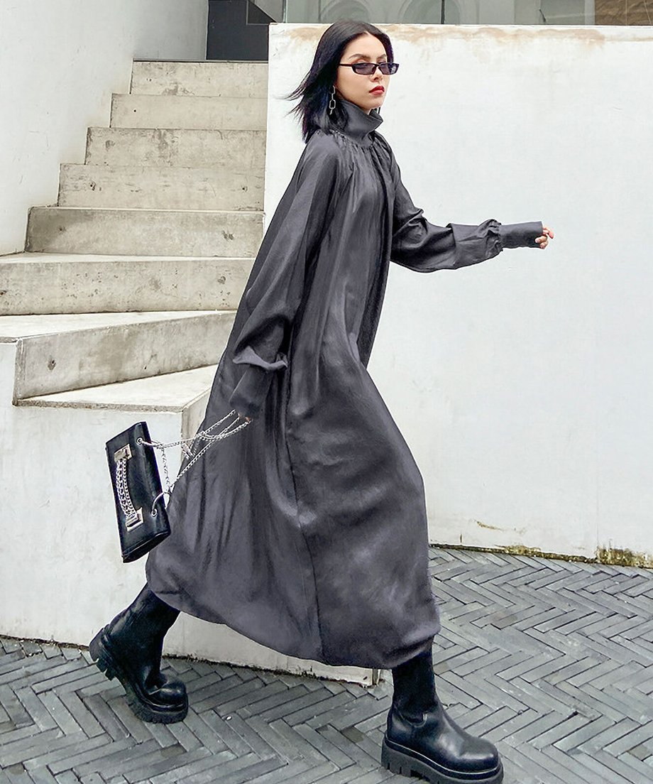 Glossy Gathered High Neck Dress