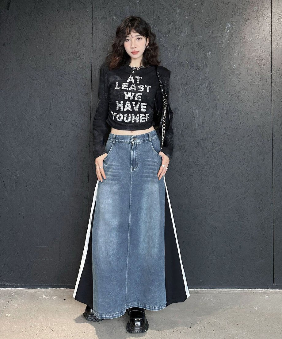 Hybrid Denim Flare Maxi Skirt