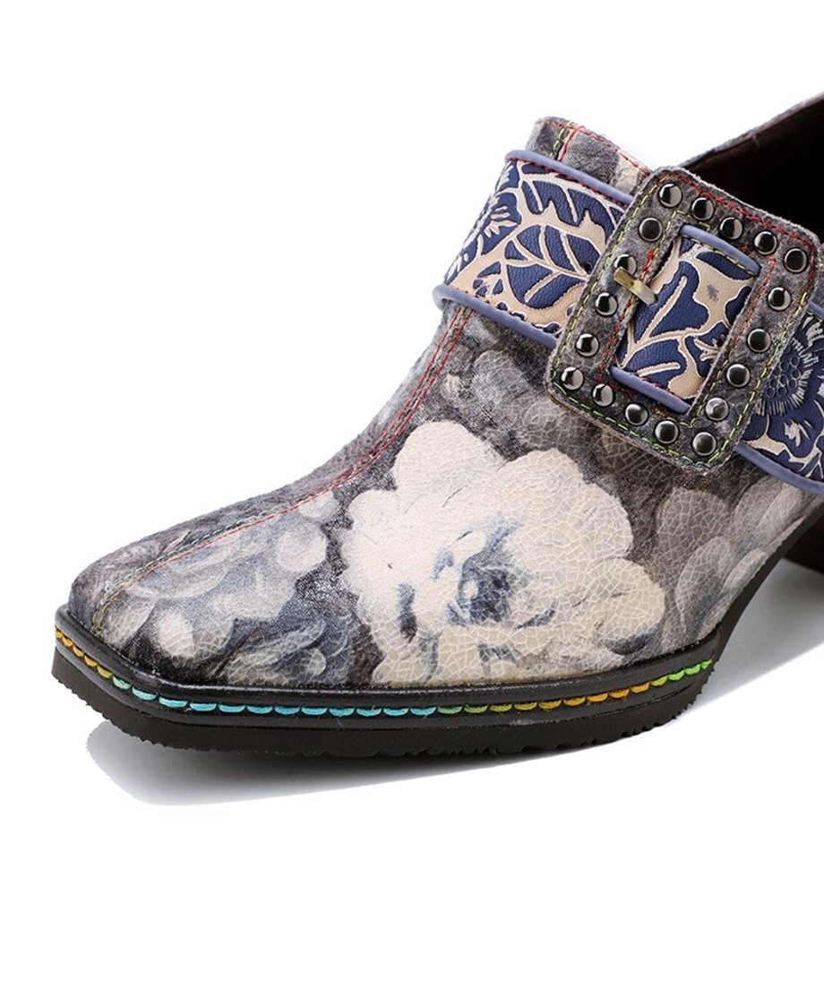 Vintage Floral Buckle Artistic Heel Shoes