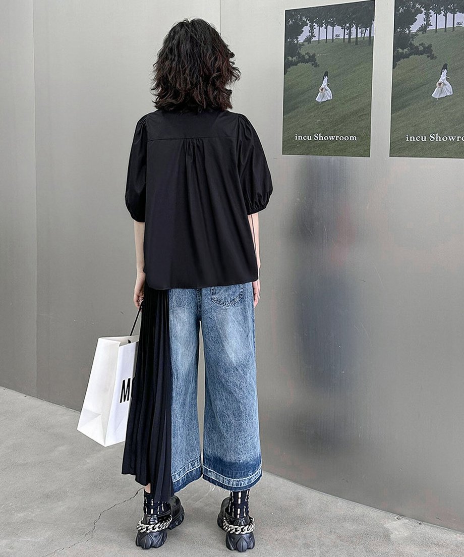 Side Pleat Denim Pants