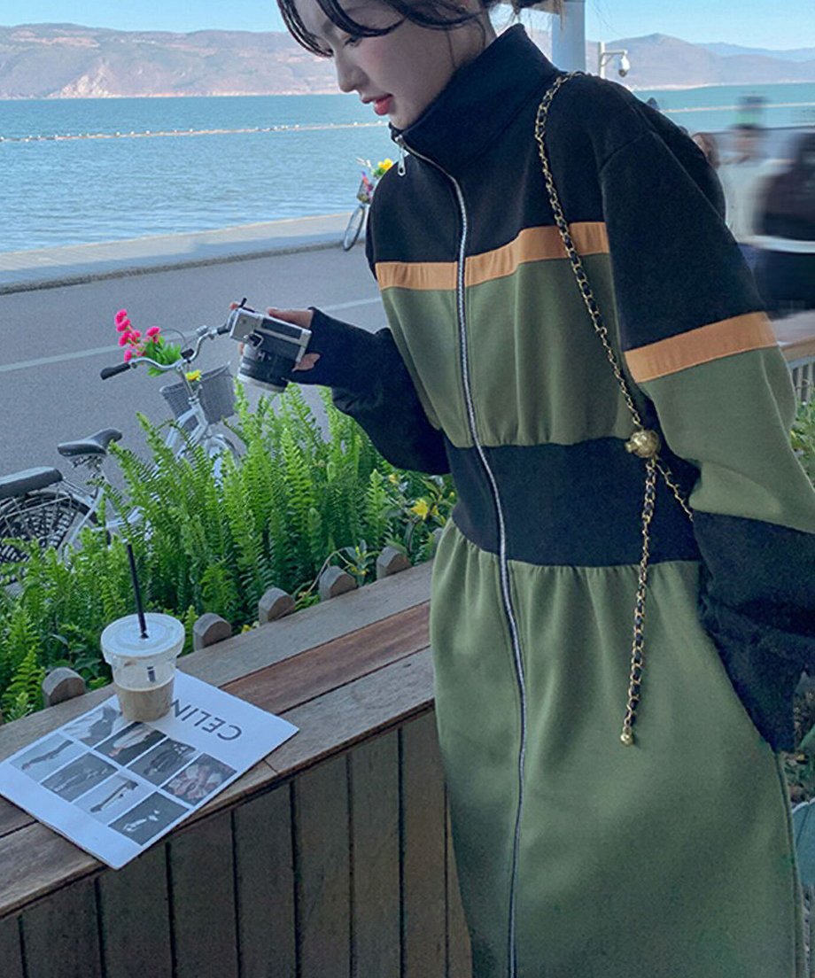 Color Block Zip-Up Long Dress