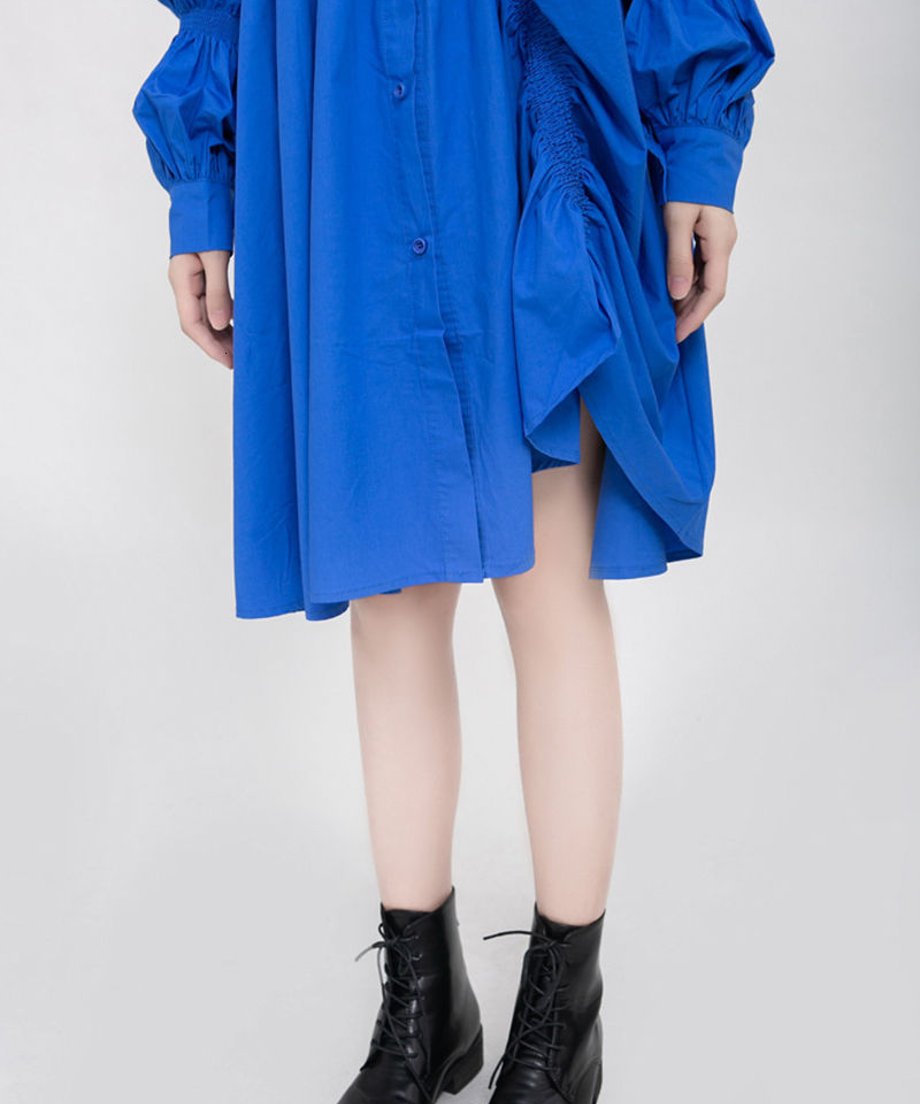 blue asymmetric pleated dress