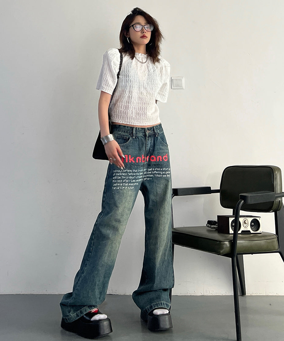 English Letter Print Denim Pants